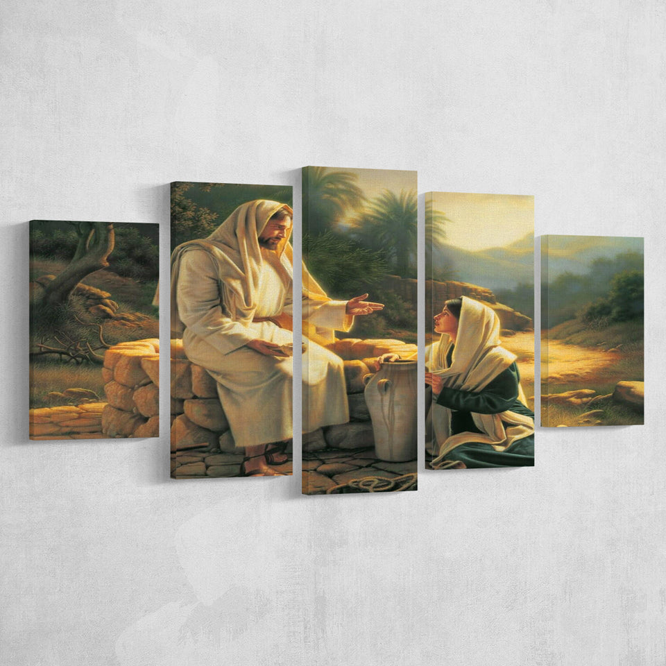 Jesus Talking To A Samaritan Woman At The Well Christian, Multi Panel Canvas Print Wall Art Decor, 5 Mixed Panel