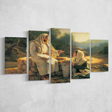 Jesus Talking To A Samaritan Woman At The Well Christian, Multi Panel Canvas Print Wall Art Decor, 5 Mixed Panel