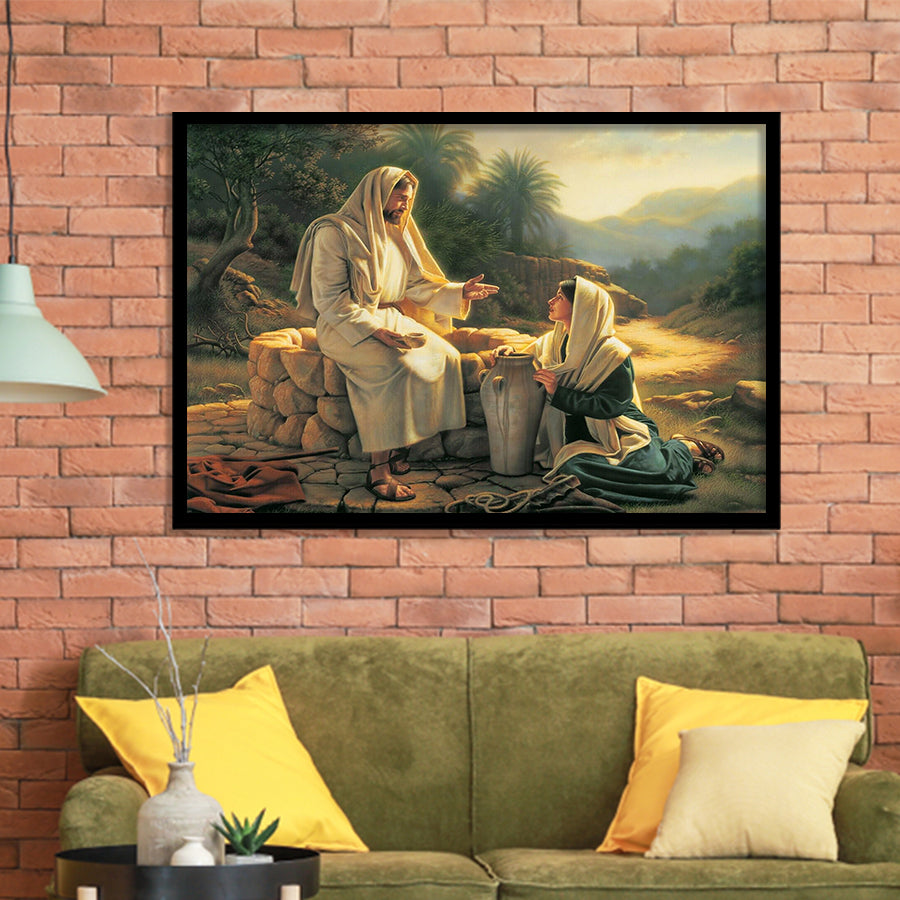 Jesus Talking To A Samaritan Woman At The Well Christian, Framed Art Print Wall Decor, Framed Picture