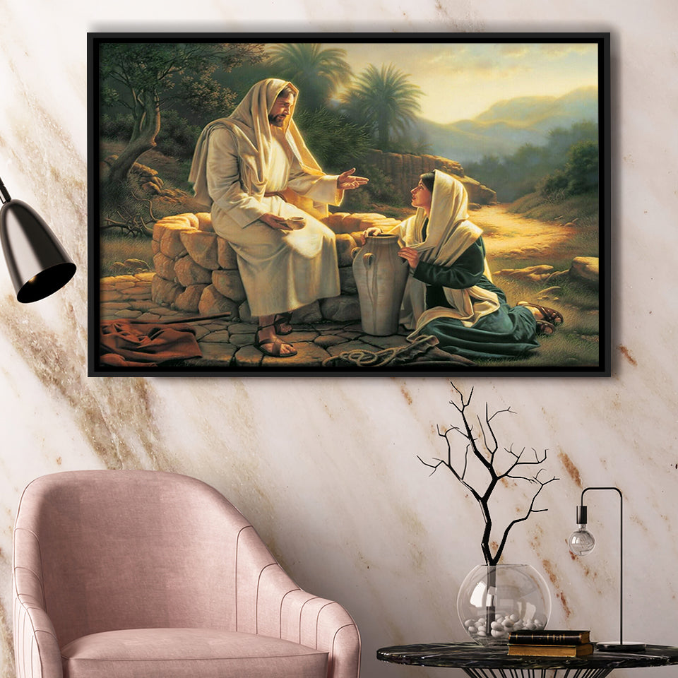 Jesus Talking To A Samaritan Woman At The Well Christian, Framed Canvas Print Wall Art Decor,Floating Frame
