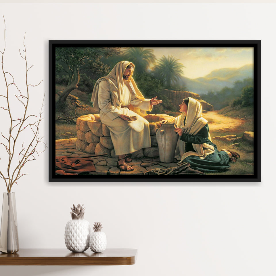 Jesus Talking To A Samaritan Woman At The Well Christian, Framed Canvas Print Wall Art Decor,Floating Frame
