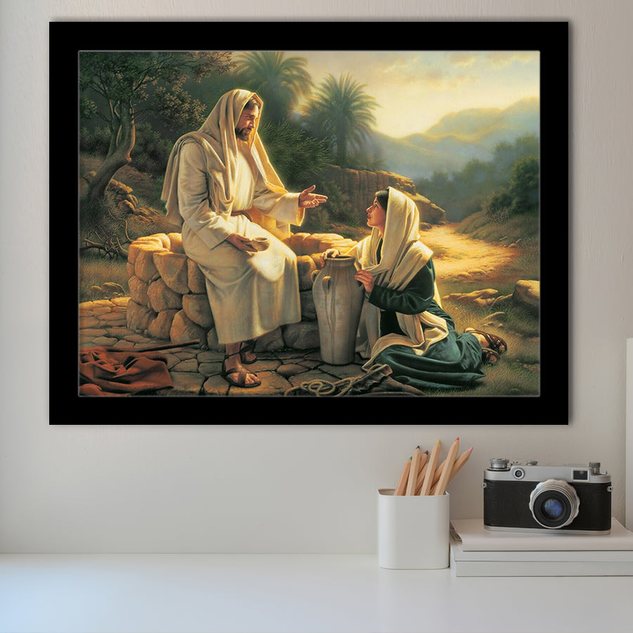 Jesus Talking To A Samaritan Woman At The Well Christian, Framed Art Print Wall Decor, Framed Picture