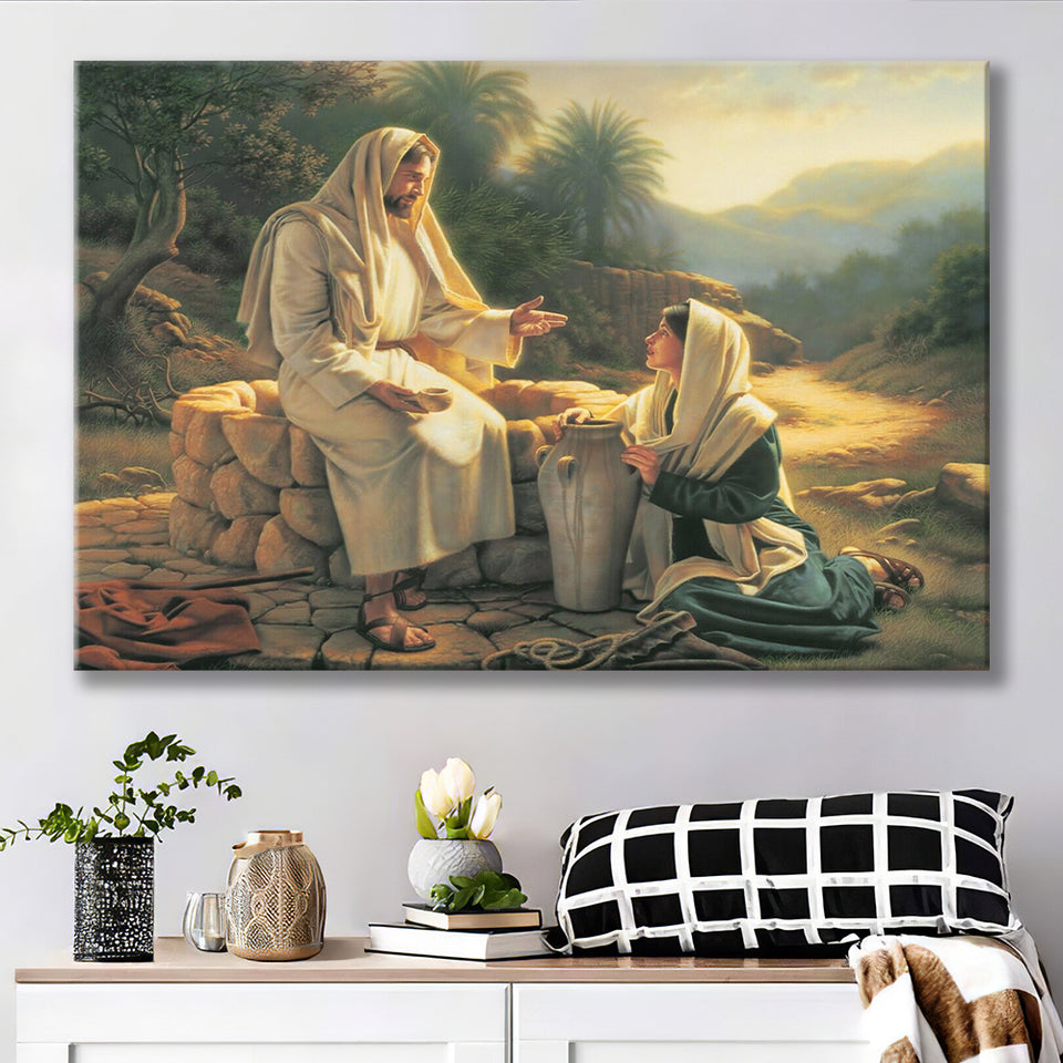 Jesus Talking to a Samaritan Woman at the Well Christian, Canvas Print Wall Art Decor, Landscape Art Print