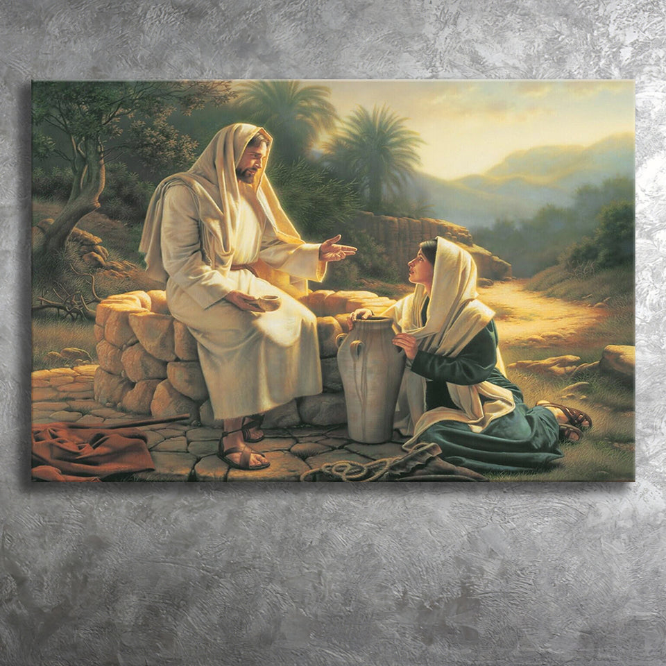 Jesus Talking to a Samaritan Woman at the Well Christian, Canvas Print Wall Art Decor, Landscape Art Print
