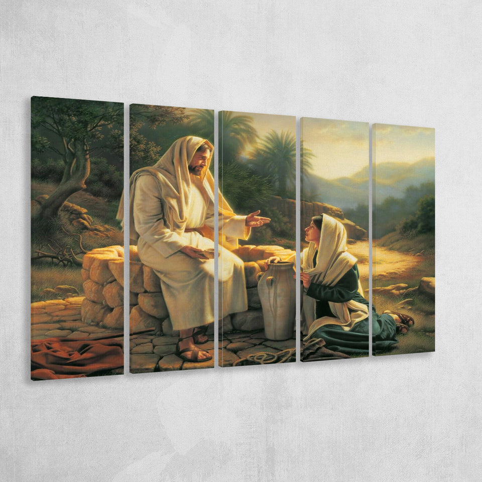 Jesus Talking To A Samaritan Woman At The Well Christian, Extra Large Multi 5 Panel Canvas Print Wall Art Decor