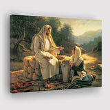 Jesus Talking to a Samaritan Woman at the Well Christian, Canvas Print Wall Art Decor, Landscape Art Print