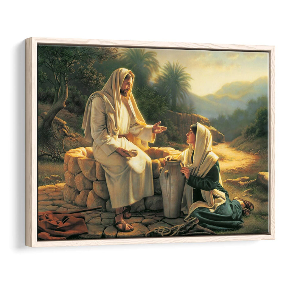 Jesus Talking To A Samaritan Woman At The Well Christian, Framed Canvas Print Wall Art Decor,Floating Frame