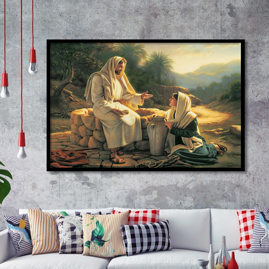 Jesus Talking To A Samaritan Woman At The Well Christian, Framed Art Print Wall Decor, Framed Picture