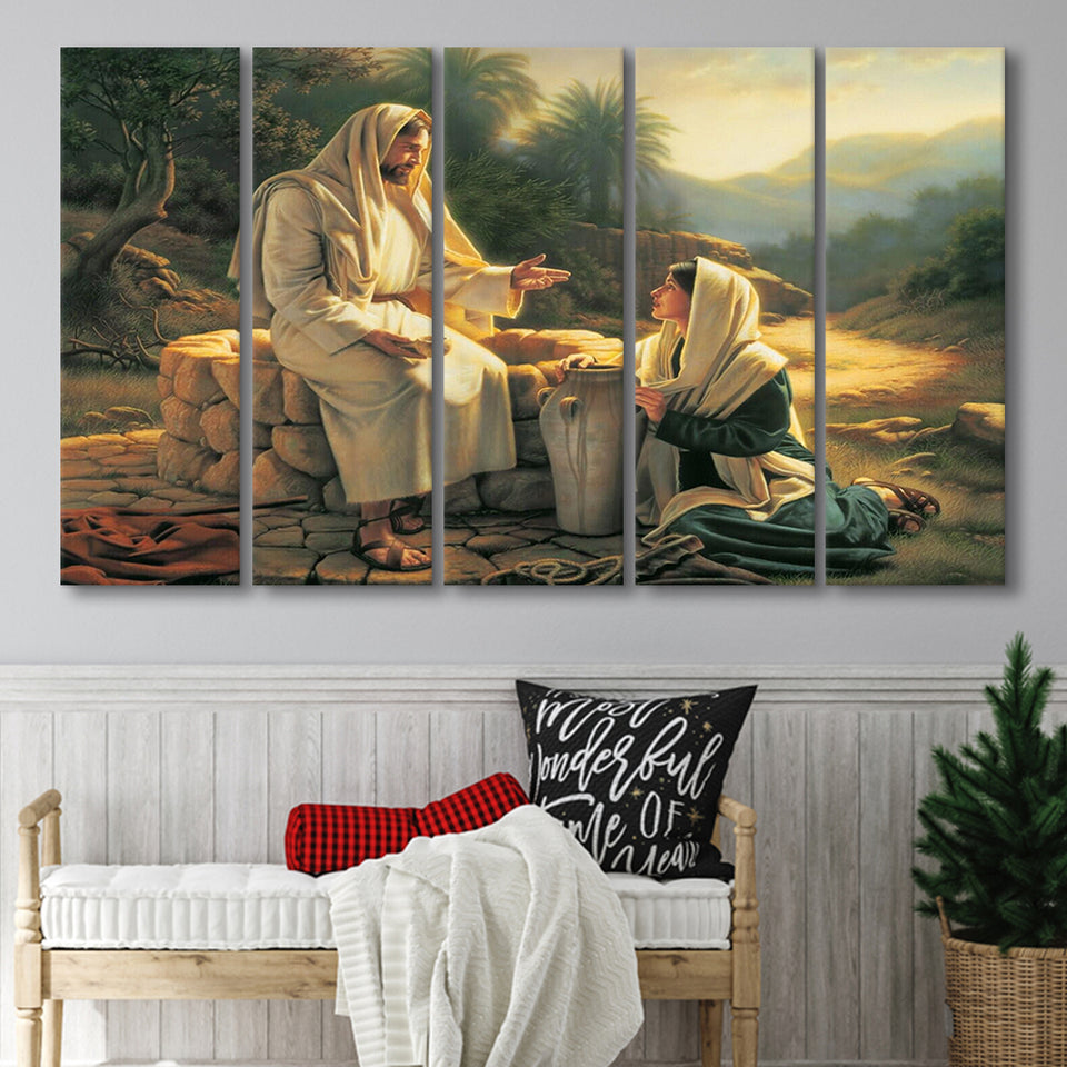 Jesus Talking To A Samaritan Woman At The Well Christian, Extra Large Multi 5 Panel Canvas Print Wall Art Decor
