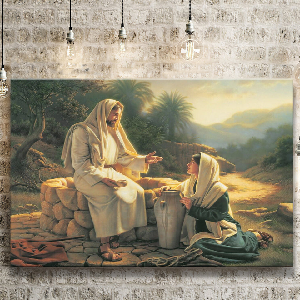 Jesus Talking to a Samaritan Woman at the Well Christian, Canvas Print Wall Art Decor, Landscape Art Print