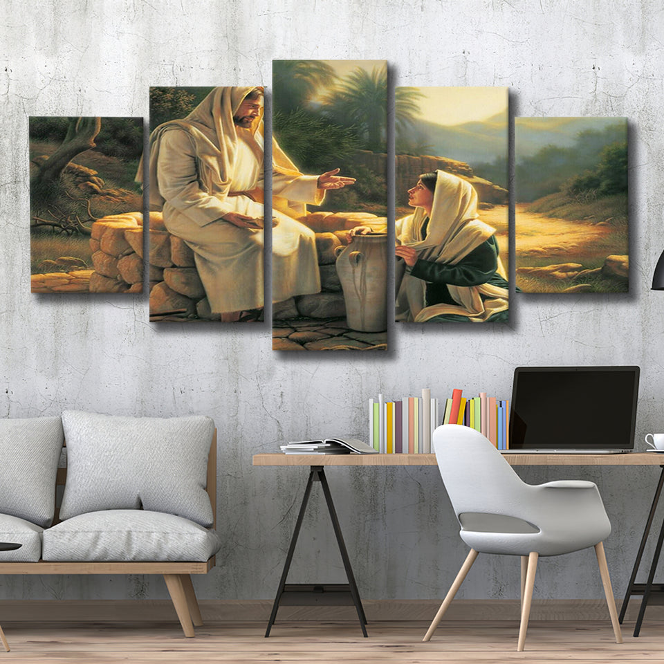 Jesus Talking To A Samaritan Woman At The Well Christian, Multi Panel Canvas Print Wall Art Decor, 5 Mixed Panel