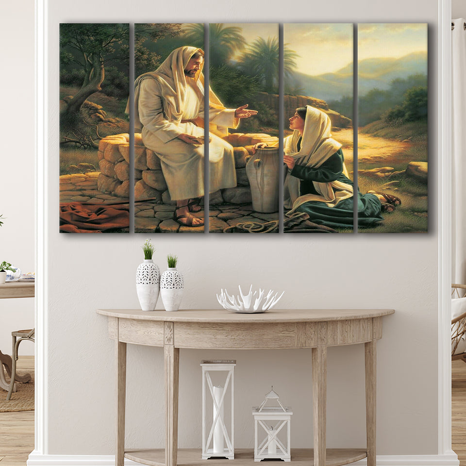 Jesus Talking To A Samaritan Woman At The Well Christian, Extra Large Multi 5 Panel Canvas Print Wall Art Decor
