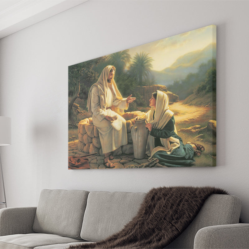 Jesus Talking to a Samaritan Woman at the Well Christian, Canvas Print Wall Art Decor, Landscape Art Print