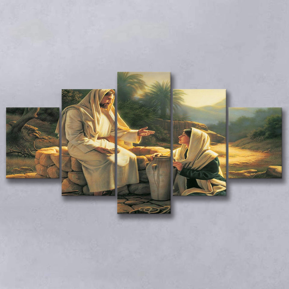 Jesus Talking To A Samaritan Woman At The Well Christian, Multi Panel Canvas Print Wall Art Decor, 5 Mixed Panel