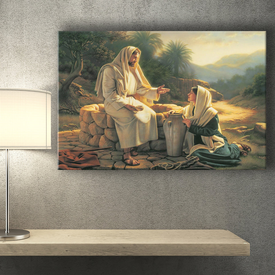 Jesus Talking to a Samaritan Woman at the Well Christian, Canvas Print Wall Art Decor, Landscape Art Print