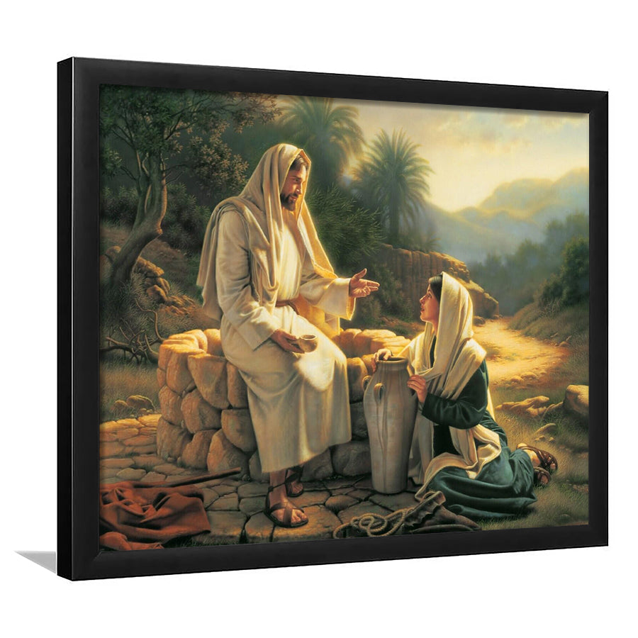Jesus Talking To A Samaritan Woman At The Well Christian, Framed Art Print Wall Decor, Framed Picture