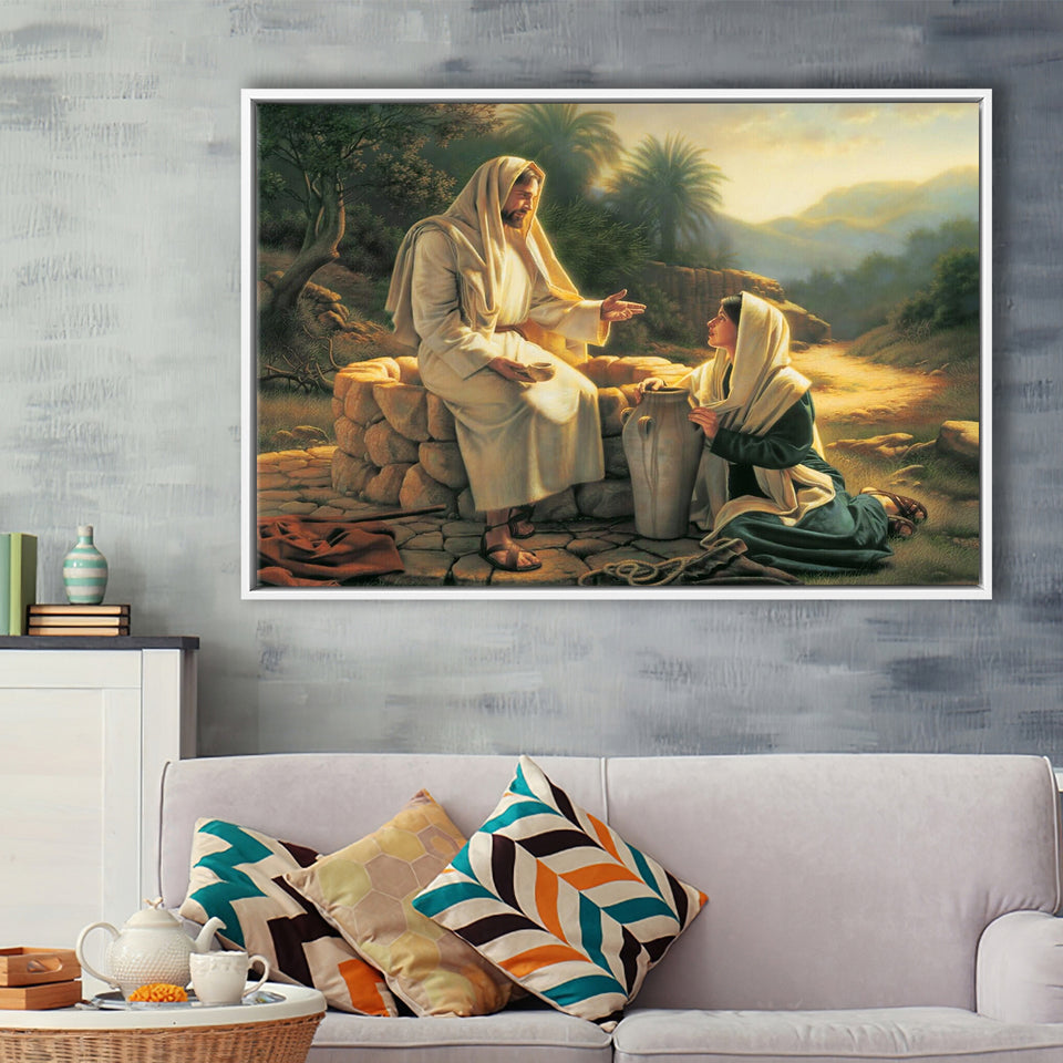 Jesus Talking To A Samaritan Woman At The Well Christian, Framed Canvas Print Wall Art Decor,Floating Frame