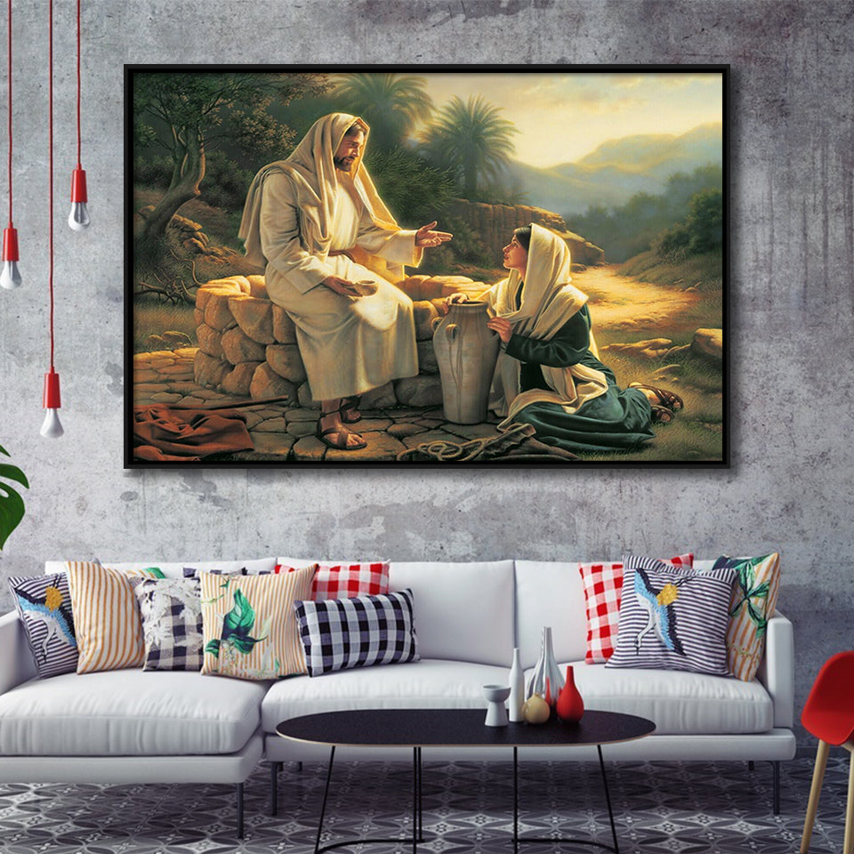 Jesus Talking To A Samaritan Woman At The Well Christian, Framed Canvas Print Wall Art Decor,Floating Frame