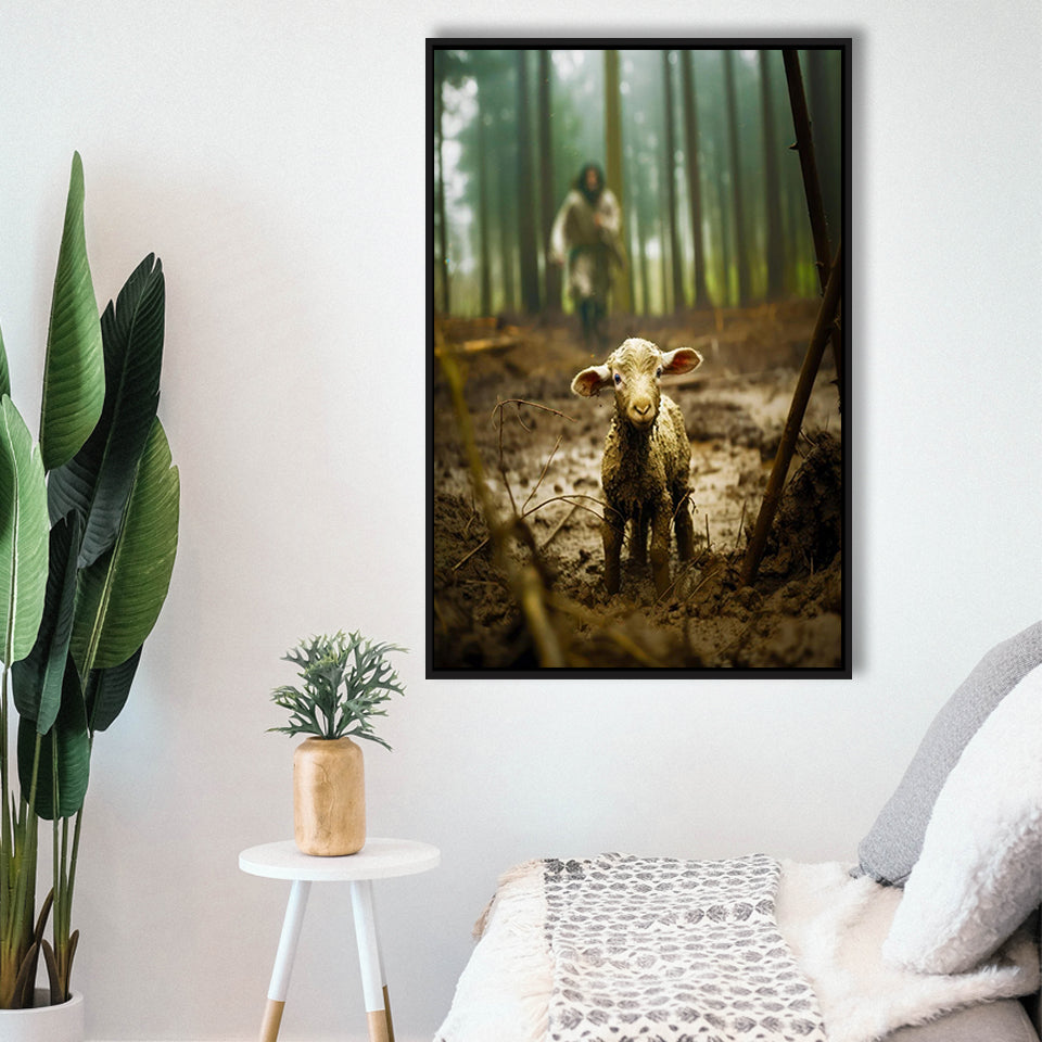 Jesus And Lost Lamb Canvas Art Christian Home Decor,Framed Canvas Prints Wall Art Decor, Floating Frame