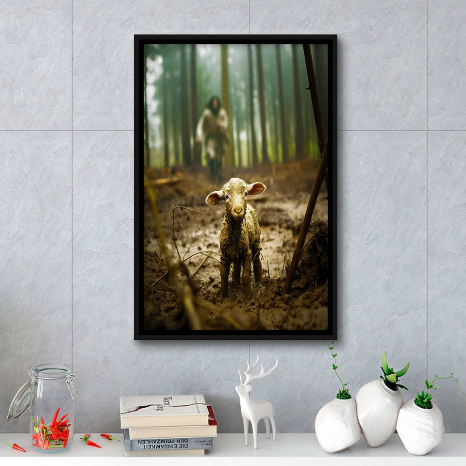 Jesus And Lost Lamb Canvas Art Christian Home Decor,Framed Canvas Prints Wall Art Decor, Floating Frame