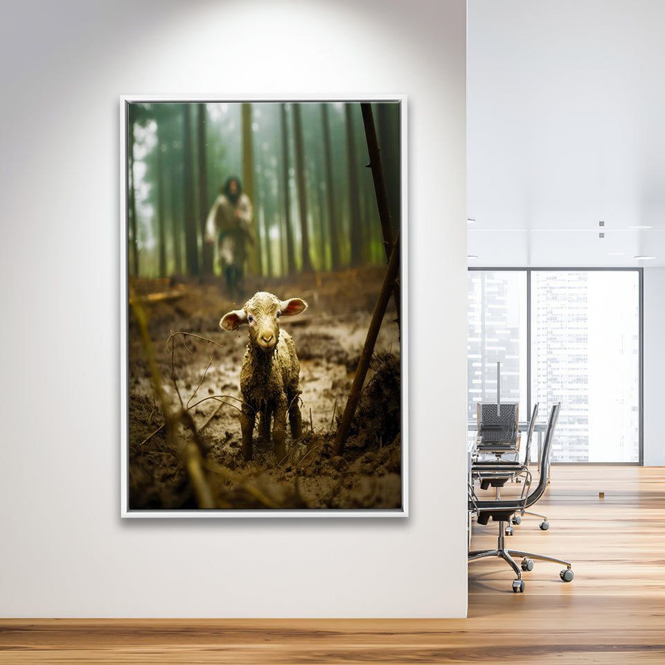 Jesus And Lost Lamb Canvas Art Christian Home Decor,Framed Canvas Prints Wall Art Decor, Floating Frame