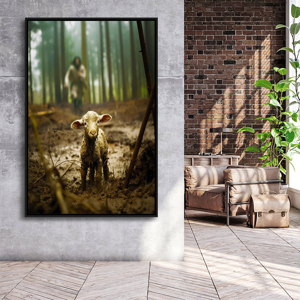 Jesus And Lost Lamb Canvas Art Christian Home Decor,Framed Canvas Prints Wall Art Decor, Floating Frame