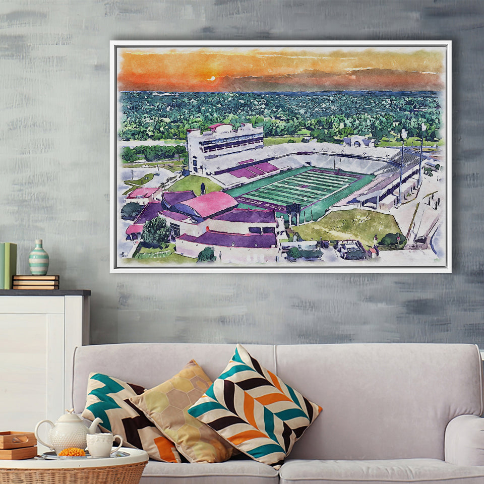 Jim Wacker Field at Bobcat Stadium WaterColor Framed Canvas Prints, Stadium Art Gifts, Floating Frame
