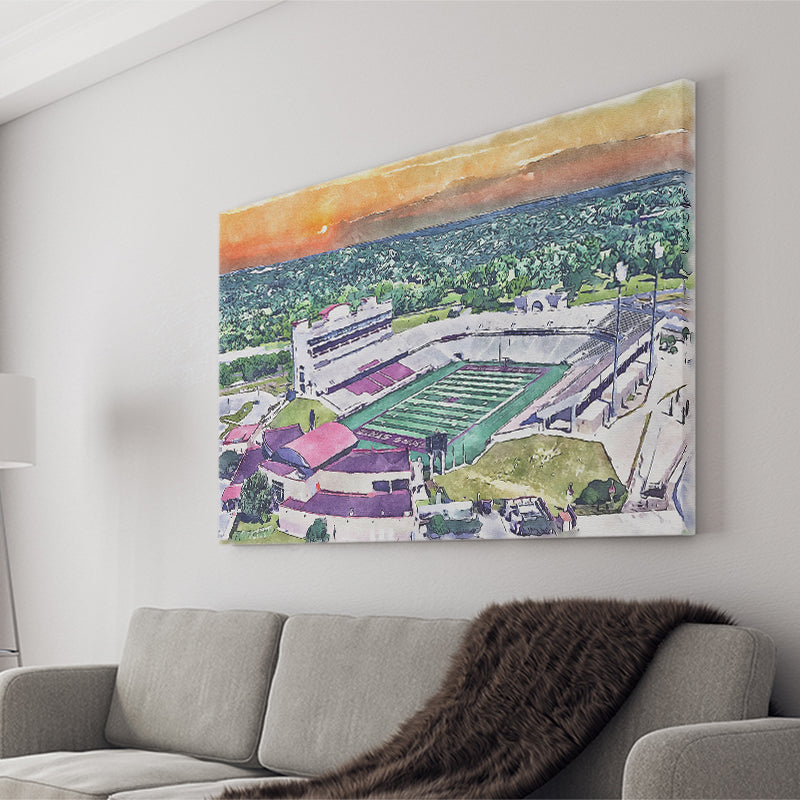 Jim Wacker Field at Bobcat Stadium WaterColor Canvas Prints, San Marcos Texas Watercolor, Stadium Art Gifts