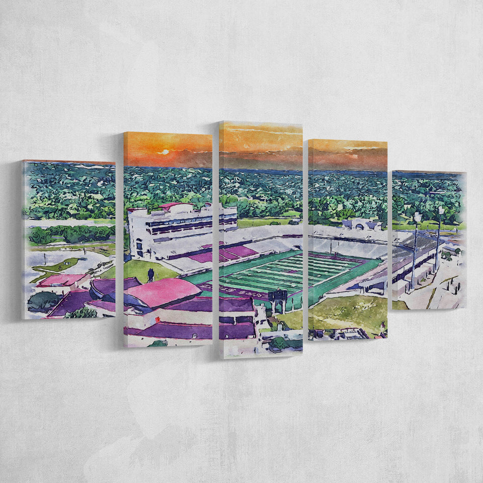 Jim Wacker Field at Bobcat Stadium WaterColor 5 Panels Mix Canvas Prints, San Marcos Texas Watercolor, Large Stadium Canvas