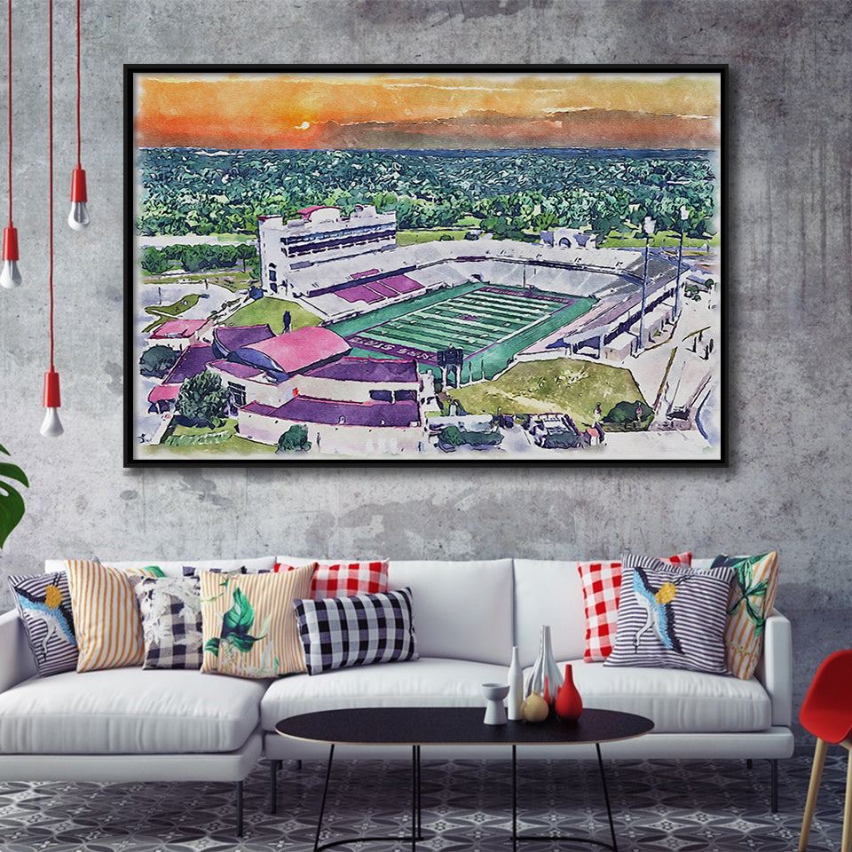 Jim Wacker Field at Bobcat Stadium WaterColor Framed Canvas Prints, Stadium Art Gifts, Floating Frame