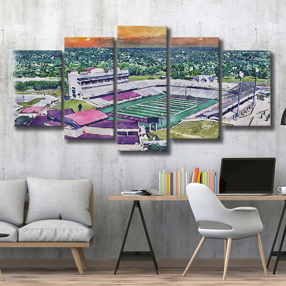 Jim Wacker Field at Bobcat Stadium WaterColor 5 Panels Mix Canvas Prints, San Marcos Texas Watercolor, Large Stadium Canvas