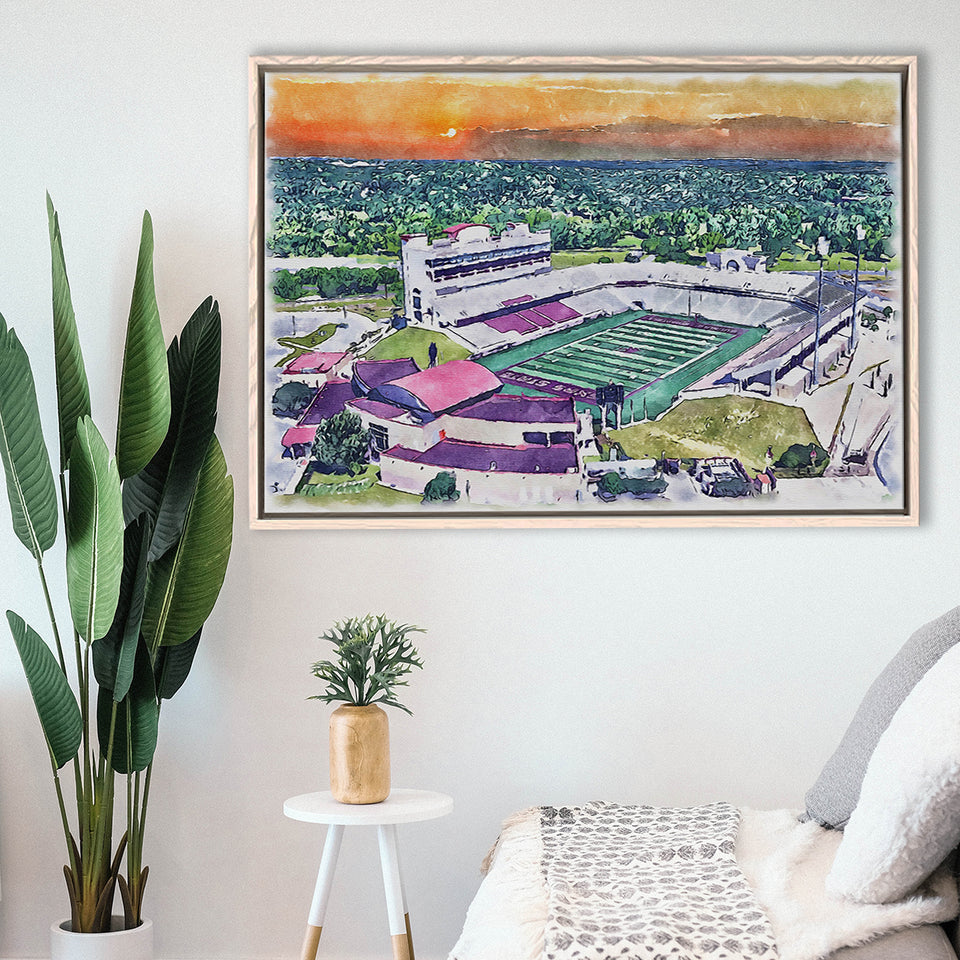 Jim Wacker Field at Bobcat Stadium WaterColor Framed Canvas Prints, Stadium Art Gifts, Floating Frame