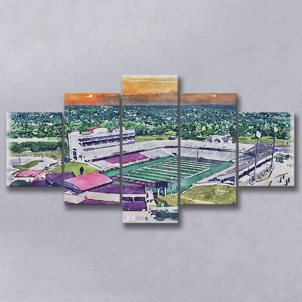 Jim Wacker Field at Bobcat Stadium WaterColor 5 Panels Mix Canvas Prints, San Marcos Texas Watercolor, Large Stadium Canvas