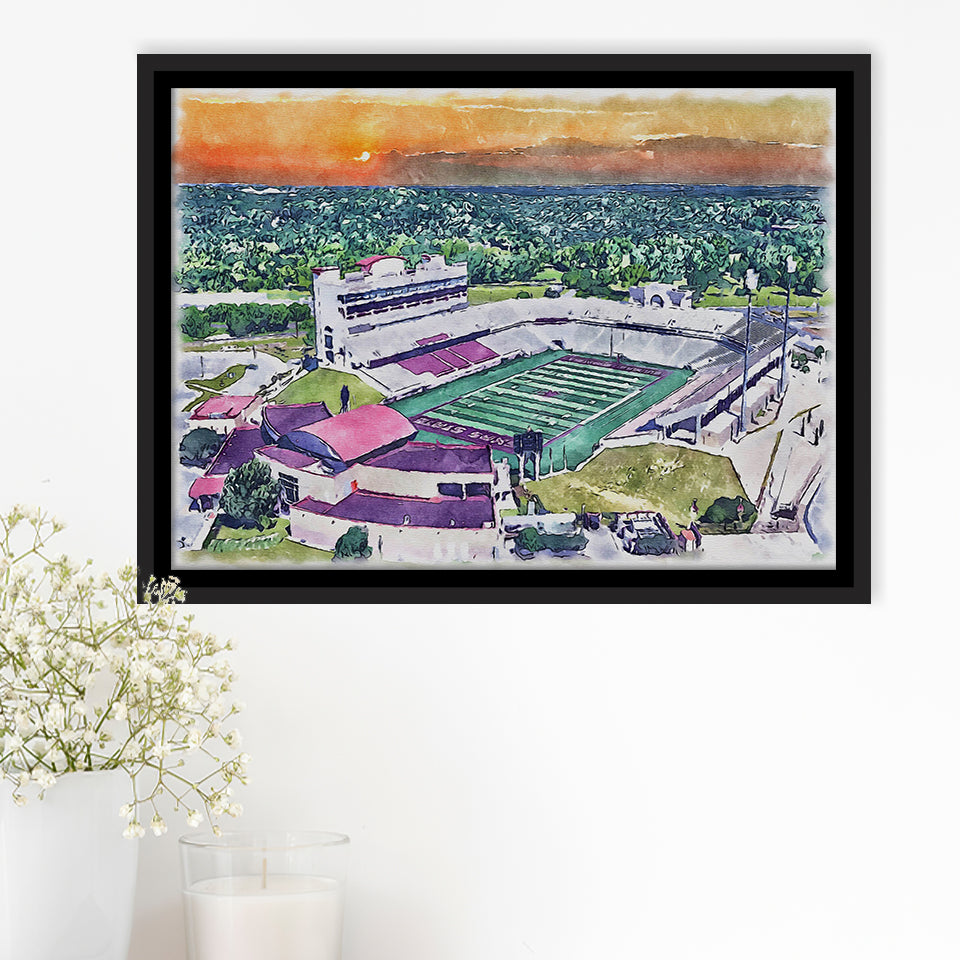 Jim Wacker Field at Bobcat Stadium WaterColor Framed Canvas Prints, Stadium Art Gifts, Floating Frame