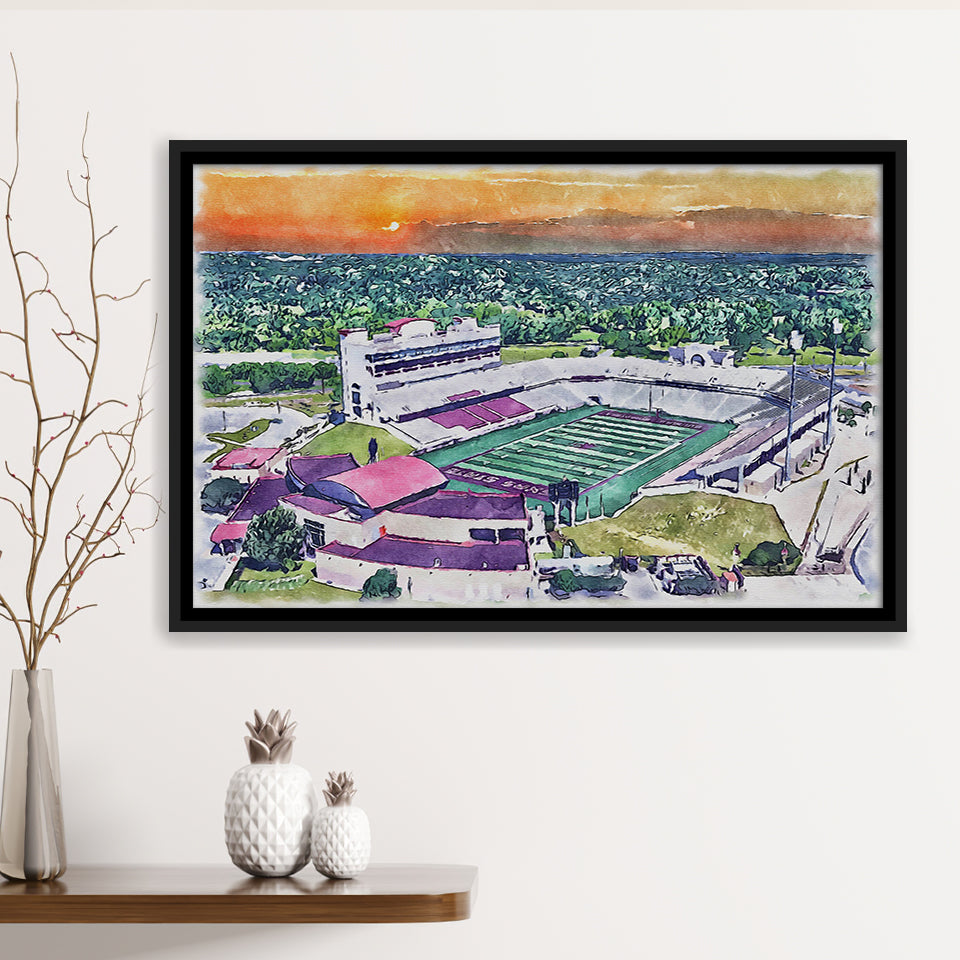 Jim Wacker Field at Bobcat Stadium WaterColor Framed Canvas Prints, Stadium Art Gifts, Floating Frame