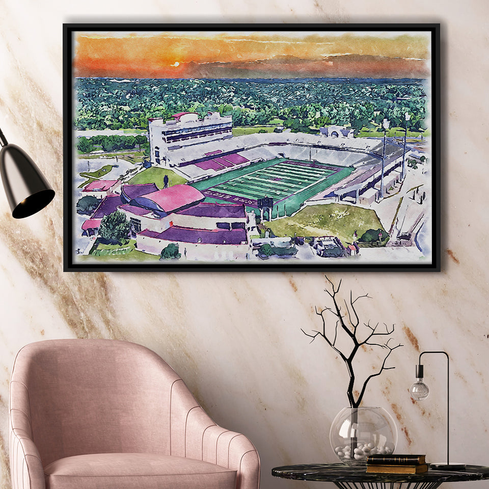Jim Wacker Field at Bobcat Stadium WaterColor Framed Canvas Prints, Stadium Art Gifts, Floating Frame