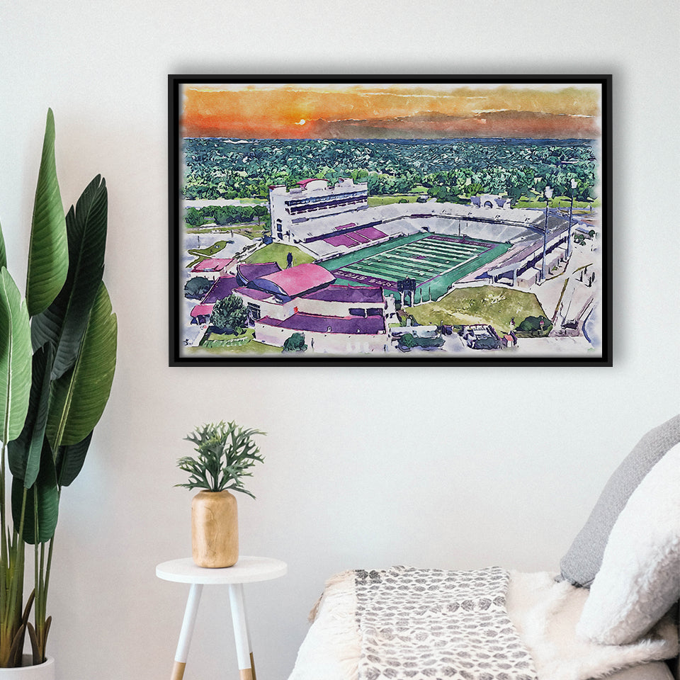 Jim Wacker Field at Bobcat Stadium WaterColor Framed Canvas Prints, Stadium Art Gifts, Floating Frame