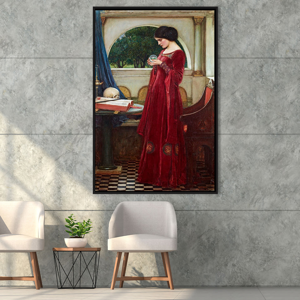 The Crystal Ball Canvas Mythology Wall Art,Waterhouse Print,Framed Canvas Prints Wall Art Decor, Floating Frame