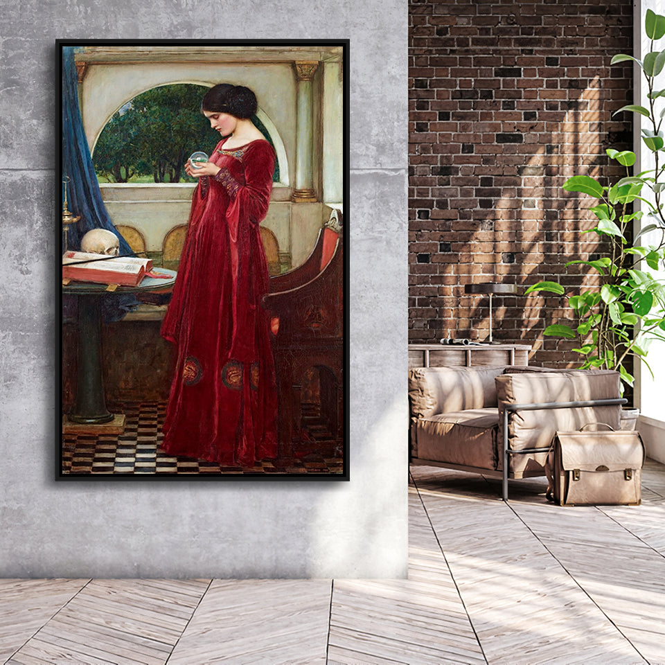 The Crystal Ball Canvas Mythology Wall Art,Waterhouse Print,Framed Canvas Prints Wall Art Decor, Floating Frame