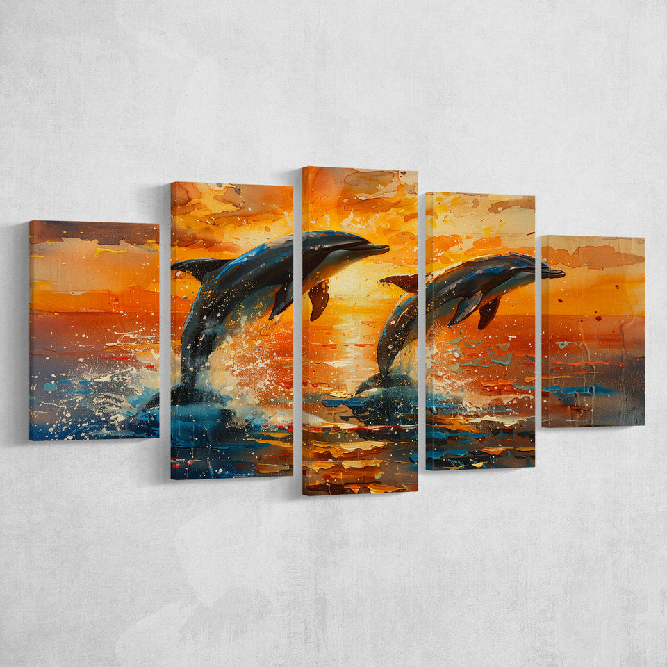 Jumping Couple Dolphin In Sunset Watercolor, Multi Panel,Mixed Canvas Print Wall Art Decor
