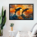 Jumping Couple Dolphin In Sunset Watercolor, Floating Frame, Framed Canvas Print Wall Art Home Decor