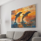 Jumping Couple Dolphin In Sunset Watercolor, Art Print, Canvas Print Wall Art Home Decor
