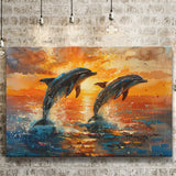 Jumping Couple Dolphin In Sunset Watercolor, Art Print, Canvas Print Wall Art Home Decor
