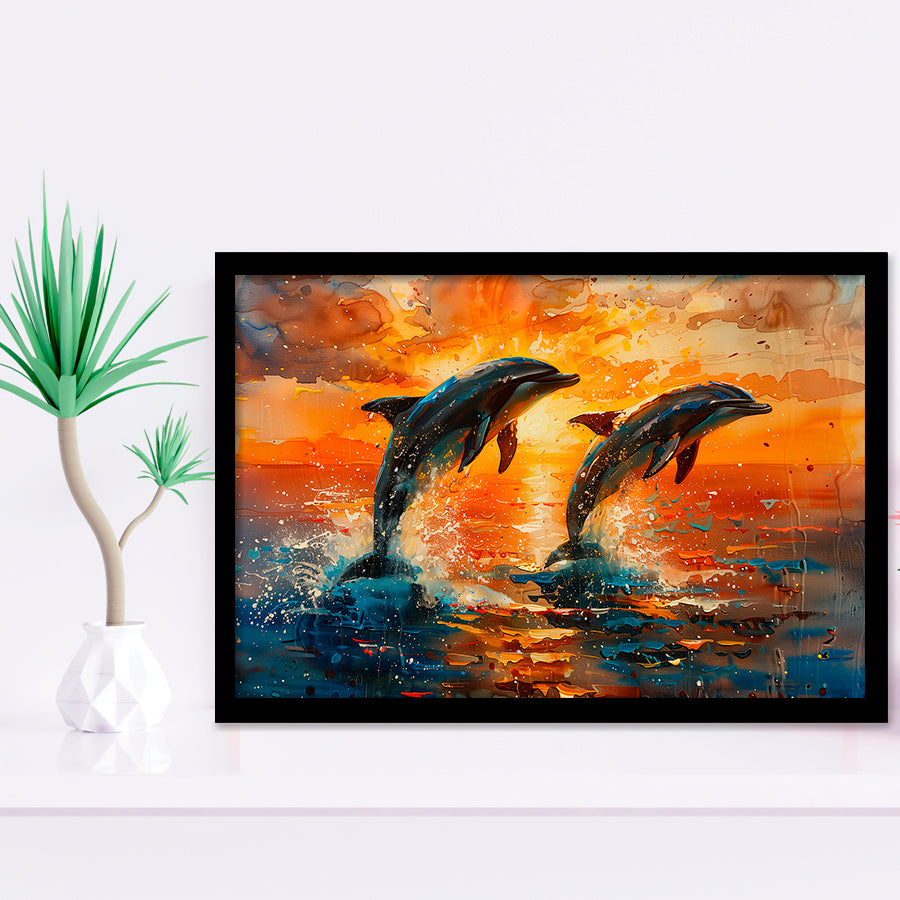 Jumping Couple Dolphin In Sunset Watercolor, Painting Art, Framed Art Print Wall Art Home Decor