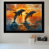Jumping Couple Dolphin In Sunset Watercolor, Painting Art, Framed Art Print Wall Art Home Decor