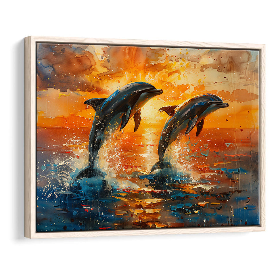 Jumping Couple Dolphin In Sunset Watercolor, Floating Frame, Framed Canvas Print Wall Art Home Decor