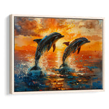 Jumping Couple Dolphin In Sunset Watercolor, Floating Frame, Framed Canvas Print Wall Art Home Decor