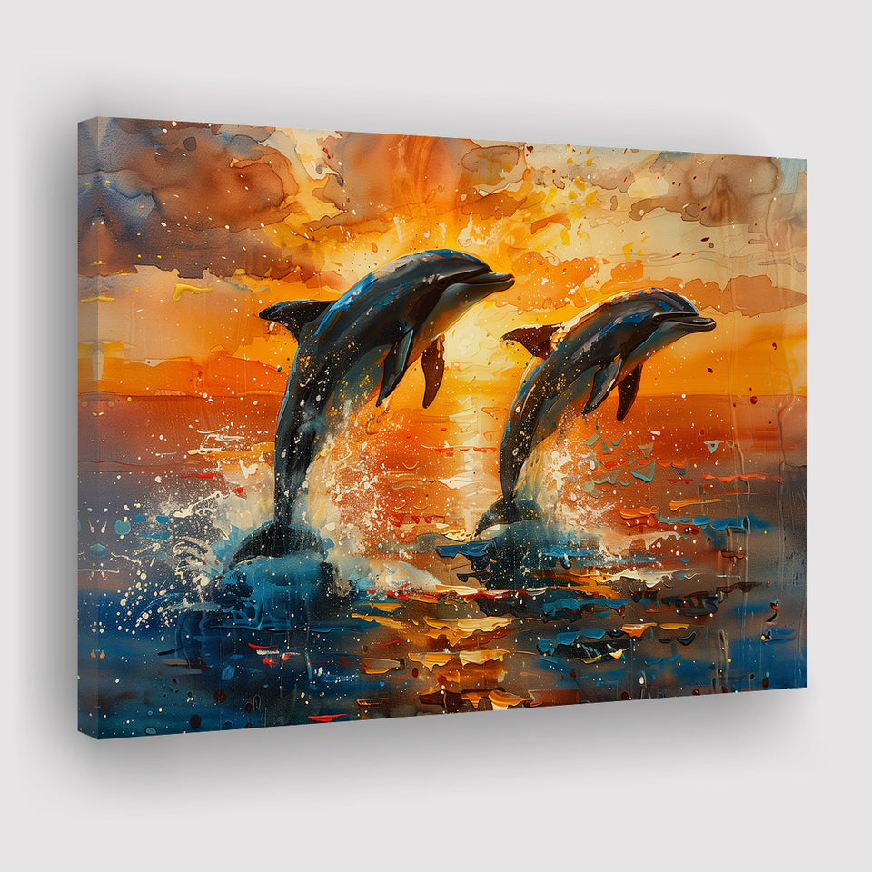 Jumping Couple Dolphin In Sunset Watercolor, Art Print, Canvas Print Wall Art Home Decor