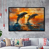 Jumping Couple Dolphin In Sunset Watercolor, Painting Art, Framed Art Print Wall Art Home Decor