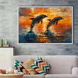 Jumping Couple Dolphin In Sunset Watercolor, Floating Frame, Framed Canvas Print Wall Art Home Decor